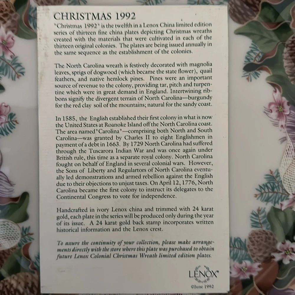 Lenox 1992 Colonial Christmas Wreath Plate North Carolina #12 in Series